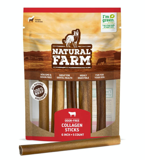 Picture of Natural Farm Collagen Sticks 6-Inch Dog Chews - Odor-Free, 95% Natural Collagen Supports Healthy Joints, Skin & Coat - Small, Medium Dogs - Lasts 20% More (6 inch, 5 Pack)