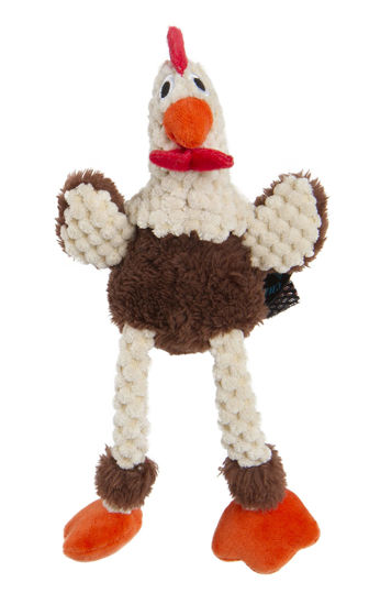 Picture of goDog Checkers Just for Me Skinny Rooster Squeaky Plush Dog Toy, Chew Guard Technology - Brown, Mini