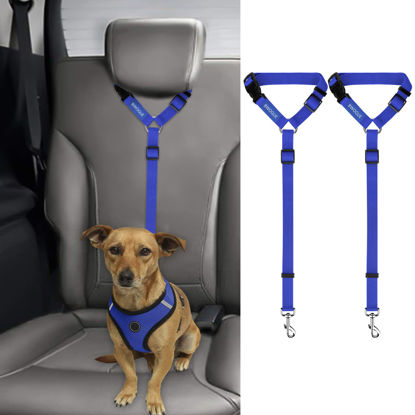 Picture of BWOGUE 2 Packs Dog Cat Safety Seat Belt Strap Car Headrest Restraint Adjustable Nylon Fabric Dog Restraints Vehicle Seatbelts Harness Dark Blue