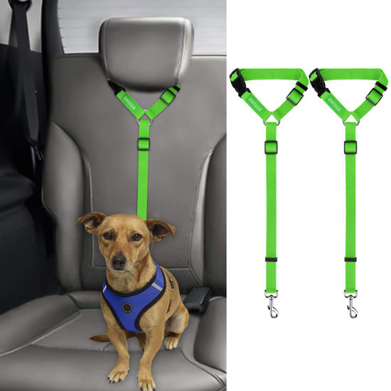 Picture of BWOGUE 2 Packs Dog Cat Safety Seat Belt Strap Car Headrest Restraint Adjustable Nylon Fabric Dog Restraints Vehicle Seatbelts Harness Green