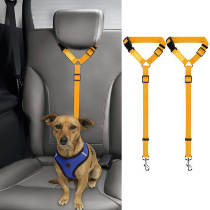 Picture of BWOGUE 2 Packs Dog Cat Safety Seat Belt Strap Car Headrest Restraint Adjustable Nylon Fabric Dog Restraints Vehicle Seatbelts Harness Yellow