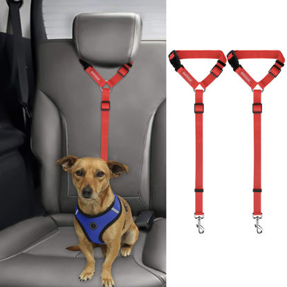 Picture of BWOGUE 2 Packs Dog Cat Safety Seat Belt Strap Car Headrest Restraint Adjustable Nylon Fabric Dog Restraints Vehicle Seatbelts Harness Red