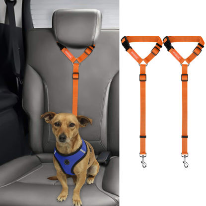 Picture of BWOGUE 2 Packs Dog Cat Safety Seat Belt Strap Car Headrest Restraint Adjustable Nylon Fabric Dog Restraints Vehicle Seatbelts Harness Orange