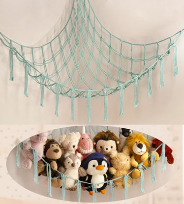 Picture of Stuffed Animal Hammock-Large Stuffed Animal Net For Toys Corner-Hanging Stuff Animal Toy Storage Organizer For Plush Plushie Display Light Blue Girl Room Bedroom Boho Nursery Decor Toy Storage