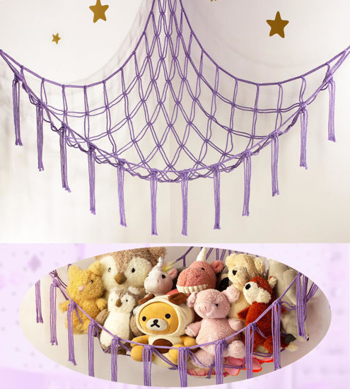 Picture of Stuffed Animal Storage Hammock or Net - Toy Hammock Net for Stuffed Animals Corner - Hanging Stuff Animal Organizer Holder Ideas for Plush Plushie - Purple Kids Baby Nursery Wall Bedroom Room Decor