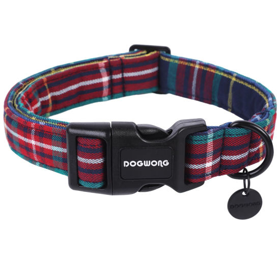 Picture of DOGWONG Christmas Cotton Dog Collar, Blue Tartan Christmas Dog Collar Durable Soft Fabric Pet Dog Collar Cute Blue Plaid Puppy Necklace for Small Medium Large Dog