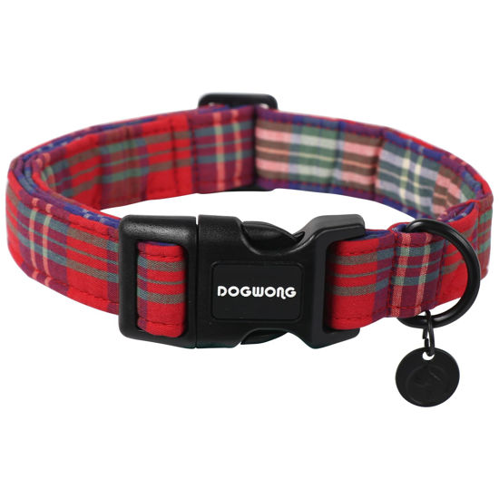 Picture of DOGWONG Christmas Cotton Dog Collar, Red Tartan Christmas Dog Collar Durable Soft Fabric Pet Dog Collar Cute Red Plaid Puppy Necklace for Small Medium Large Dog