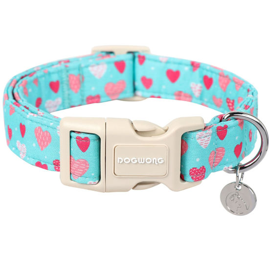 Picture of DOGWONG Valentine's Day Dog Collar - Blue Heart Adjustable Cotton Heart Dog Collar - Perfect Dog Collar for Small Medium Large Dogs