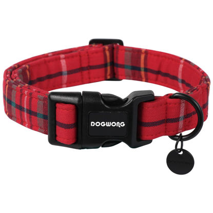 Picture of DOGWONG Christmas Cotton Dog Collar, Heavy-Duty Red Plaid Dog Collar Durable Soft Fabric Pet Dog Collar Cute Christmas Red Grid Puppy Necklace for Small Medium Large Dog