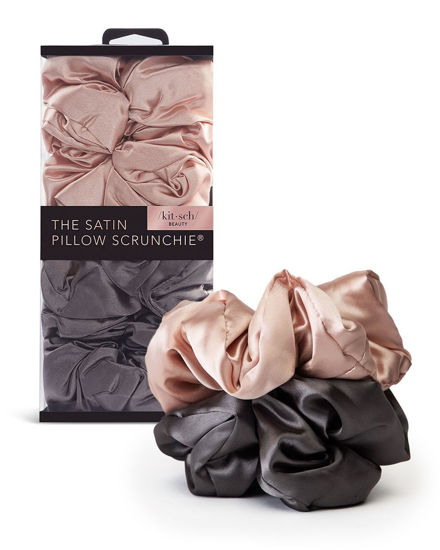 Picture of Kitsch Satin Hair Scrunchies for Women, Softer Than Silk Scrunchies for Hair - No Damage Satin Hair Ties, Ponytail Holders, 2pc (Blush/Charcoal)