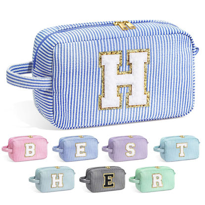 Picture of YOOLIFE Initial Makeup Bag for Women - Monogram Cute Blue Makeup Bag Cosmetic Toiletry Pouch Make Up Case for Women Her Best Friend Friendship Sister Teacher, Personalized Birthday Gifts for Women H