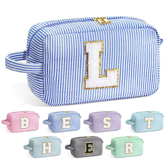 Picture of YOOLIFE Initial Makeup Bag for Women - Monogram Cute Blue Makeup Bags Cosmetic Toiletry Pouch Make Up Case for Women Her Best Friend Friendship Sister Teacher, Personalized Birthday Gifts for Women L