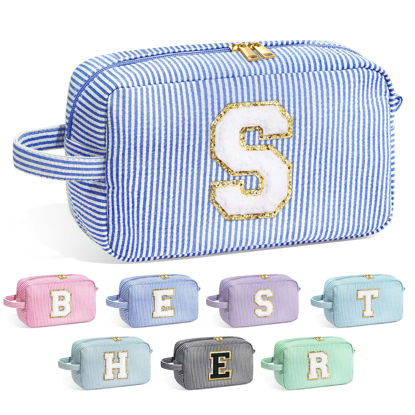 Picture of YOOLIFE Birthday Gifts for Women - Personalized Gifts Idea for Her Mom Best Friend Sister Girlfriend Bridesmaid Teacher, Monogram Initial Blue Cute Makeup Bag Cosmetic Toiletry Pouch Make Up Case S