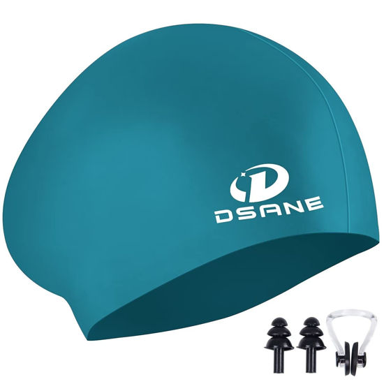 Picture of Womens Silicone Swim Cap for Long Hair,3D Ergonomic Design Silicone Swimming Caps for Women Kids Men Adults Boys Girls with Ear Plug and Nose Clip(Dark Green/M)