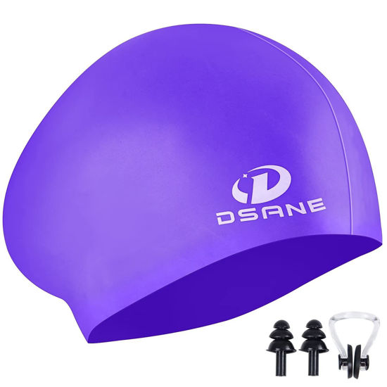 Picture of Womens Silicone Swim Cap for Long Hair,3D Ergonomic Design Silicone Swimming Caps for Women Kids Men Adults Boys Girls with Ear Plug and Nose Clip(Violet/L)