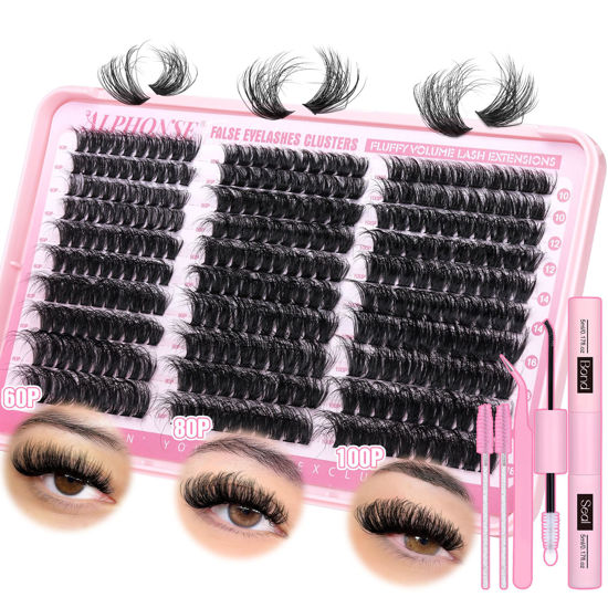 Picture of Fluffy Lash Clusters Kit 300pcs DIY Lash Extension Kit 60D+80D+100D Individual Lashes D Curl 10-18mm Cluster Eyelash Extensions Kit with Lash Bond and Seal and Tweezers by ALPHONSE