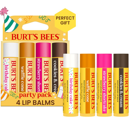 Picture of Burt's Bees Lip Balm Party Pack - Birthday Cake, Waffle Cone, Strawberry Shortcake, and Cookies & Cream, All Day Moisturizer, Tint-Free, Natural Origin Conditioning Lip Treatment, 4 Tubes, 0.15 oz.