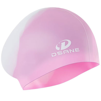 Picture of Womens Silicone Swim Cap for Long Hair,3D Ergonomic Design Silicone Swimming Caps for Women Kids Men Adults Boys Girls with Ear Plug and Nose Clip(Mix Pink/M)