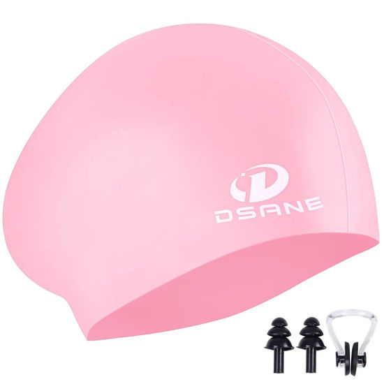 Picture of Womens Silicone Swim Cap for Long Hair,3D Ergonomic Design Silicone Swimming Caps for Women Kids Men Adults Boys Girls with Ear Plug and Nose Clip(Light Pink/M)