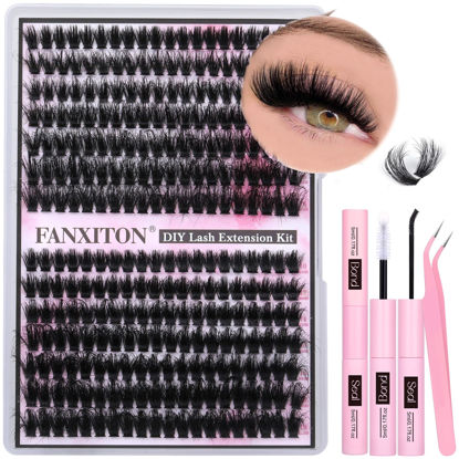 Picture of FANXITON Fluffy Lash Clusters with Lash Bond and Seal Waterproof, 10-18 mm D Curl Volume Lash Extension Kit 280 pcs Individual Lashes Lash Clusters Kit and Tweezers Thick DIY Eyelash Extension Kit