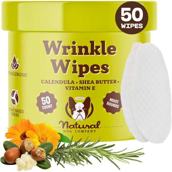 Picture of Natural Dog Company Wrinkle Wipes for Dogs, 50 Count, Hypoallergenic Dog Wipes, Wrinkle Wipes French Bulldog, Cleaning & Deodorizing, Dog Wipes for Grooming Faces, Paws & Butts