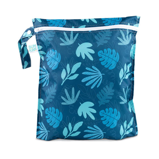 Picture of Bumkins Waterproof Wet Bag, Washable, Reusable for Travel, Beach, Pool, Stroller, Diapers, Dirty Gym Clothes, Wet Swimsuits, Toiletries, 12x14 - Blue Tropic