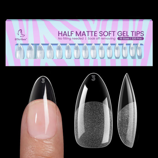 Picture of BTArtbox Half Matte Soft Gel Nail Tips - 320pcs Pre-Shaped Almond Nails, Full Cover Acrylic Fake Nails Medium, Clear Ultra Fit & Natural False Nails for Nail Extension, 16 Sizes