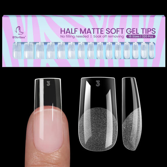 Picture of BTArtbox Square Gel Nail Tips - 320pcs Press on Nails Medium, Pre-shape Half Matte Clear False Tips, Full Cover Acrylic Fake Nails For Nail Extension, Home DIY Nail Salon 16 Sizes