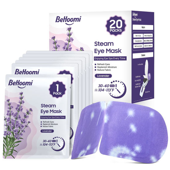 Picture of BeHoomi 20 Packs Steam Eye Mask, Heated Eye Mask Warm Compress for Eyes, Disposable Self Heating Eye Mask for Sleep, Spa, Travel Essentials & Relaxation Gifts for Women, Men (Lavender)