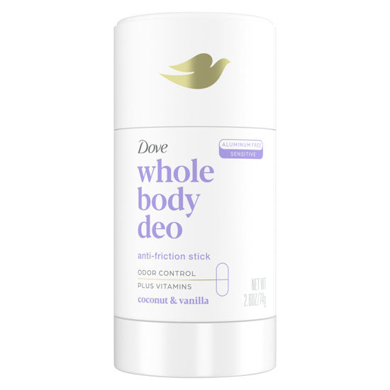 Picture of Dove Whole Body Deo Aluminum Free Anti-Friction Deodorant Stick Coconut + Vanilla for All Day Odor Control 2.6 oz