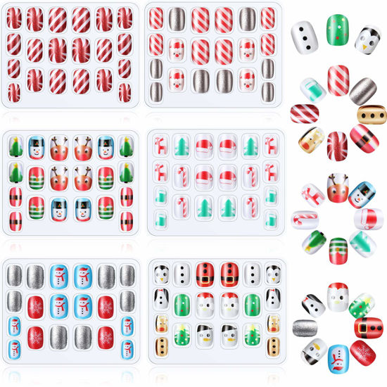 Picture of 120 Pieces Kids Press on Nails Children Fake Nails Artificial Nails Girls Full Cover Short False Fingernails for Girls Kids Nail Design Decoration (Happy Christmas Day)