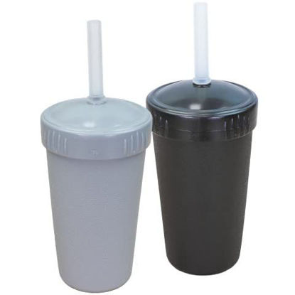 Picture of Re-Play Made in USA 2 Pack Straw Cups for Toddlers, 10 Oz. - Reusable Kids Cups with Straws and Lids, Dishwasher/Microwave Safe - Toddler Cups with Straws 3.13" x 5.5", Black/Grey