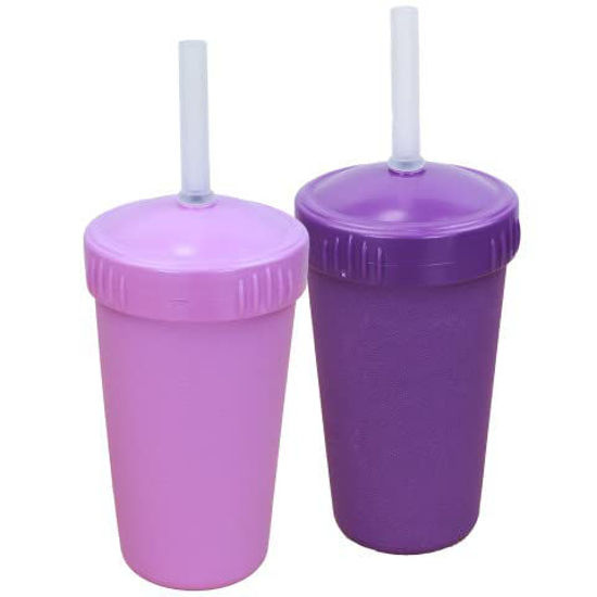 Picture of Re-Play Made in USA 2 Pack Straw Cups for Toddlers, 10 Oz. - Reusable Kids Cups with Straws and Lids, Dishwasher/Microwave Safe - Toddler Cups with Straws 3.13" x 5.5", Amethyst/Purple