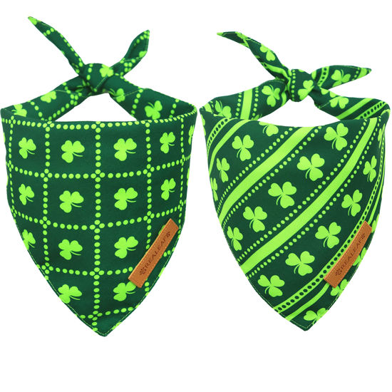 Picture of Realeaf St. Patrick's Day Dog Bandanas 2 Pack, Reversible Green Shamrock Pet Scarf for Boy and Girl, Premium Durable Fabric, Holiday Bandana for Large and Extra Large Dogs (X-Large)