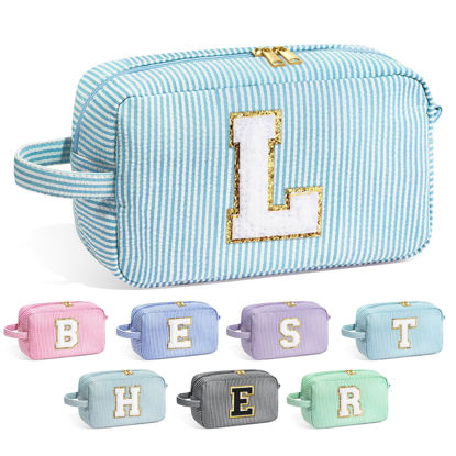 Picture of YOOLIFE Makeup Bag - Initial Makeup Bag Cosmetic Bag, Monogram Initial Makeup Bags, Cosmetic Bag, Make Up Bag, Travel Cute Makeup Pouch Makeup Case, Personalized Blue Makeup Bags for Women Her L