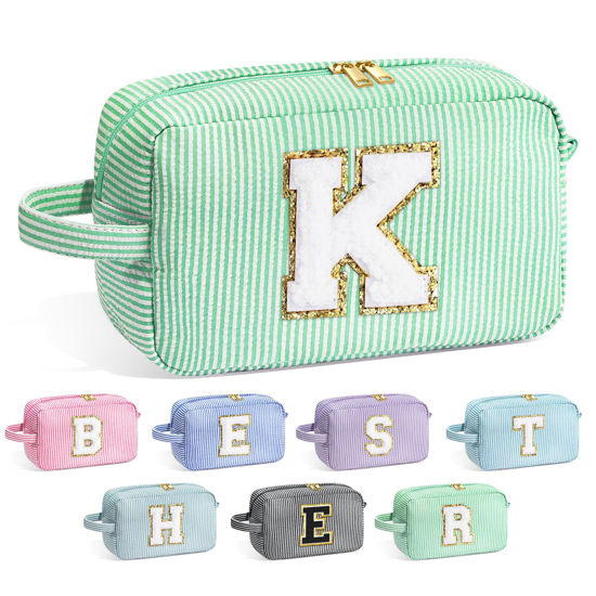 Picture of YOOLIFE Makeup Bag - Initial Makeup Bag Cosmetic Bag, Make Up Bag, Monogram Makeup Bags, Travel Toiletry Bag, Cute Makeup Pouch Makeup Case, Personalized Green Initial Makeup Bags for Women K