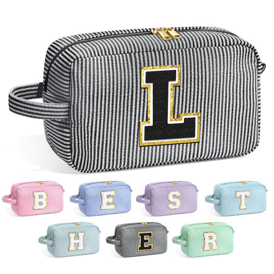 Picture of YOOLIFE Makeup Bag - Initial Makeup Bag Cosmetic Bag, Monogram Initial Makeup Bags, Cosmetic Bag, Make Up Bag, Travel Cute Makeup Pouch Makeup Case, Personalized Black Makeup Bags for Women Teen L