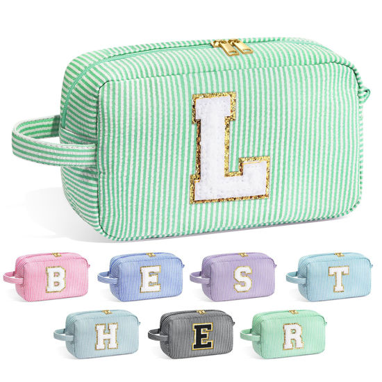 Picture of YOOLIFE Makeup Bag - Initial Makeup Bag Cosmetic Bag, Monogram Makeup Bags, Cosmetic Bag, Make Up Bag, Travel Toiletry Bag, Cute Makeup Pouch Makeup Case, Personalized Green Makeup Bags for Women L