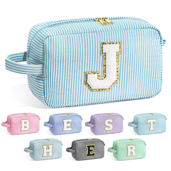 Picture of YOOLIFE Birthday Gifts for Women - 20th 30th 40th 50th 60th Birthday Gifts for Women, Personalized Birthday Gifts for Women Her Mom Best Friend Teacher Sister, Initial Blue Makeup Bag Cosmetic Bag J