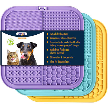 Picture of LUKITO 3PCS Licking Mat for Dogs & Cats with Suction Cups, Dog Peanut Butter Lick Pads for Anxiety Relief & Boredom Reducer, Slow Feeder Dog Bowls, Perfect for Bathing, Grooming and Training