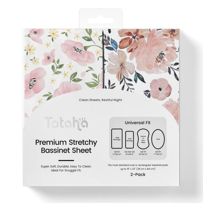 Picture of TotAha Premium Stretchy Bassinet Sheets for Baby Girl, Silky Comfort Cradle Sheets Fitted 18 x 36 for Oval, Rectangular, Hourglass Mattress, Hypoallergenic, Buttery Soft 2-Pack (Floral & Pale Pink)