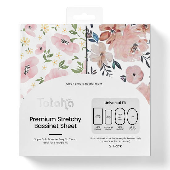 Picture of TotAha Premium Stretchy Bassinet Sheets for Baby Girl, Silky Comfort Cradle Sheets Fitted 18 x 36 for Oval, Rectangular, Hourglass Mattress, Hypoallergenic, Buttery Soft 2-Pack (Floral & Pale Pink)