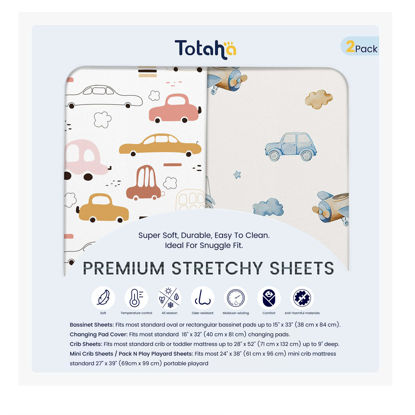 Picture of TotAha Premium Soft Pack n Play Sheets, Super Stretchy Jersey Knit Mini Crib Sheets Fitted, Silky Comfort Pack and Play Mattress Sheets, 2 Pack (Red & Blue Transportation)