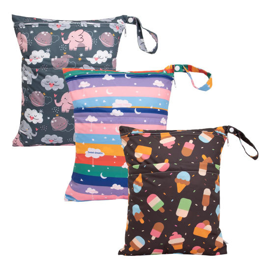 Picture of babygoal Wet Dry Bags 3 Pack for Baby Cloth Diapers, Washable Travel Bags, Beach, Pool, Gym Bag for Swimsuits & Wet Clothes with Two Zippered Pockets 3LN27