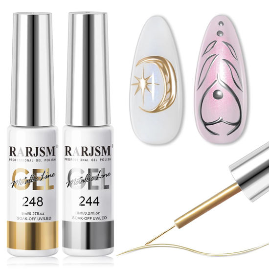 Picture of RARJSM Metallic Gel Liner Nail Art Silver Bronze Gold 2pcs Set Mirror Chrome 3D Effect Gel Nail Polish 8ml Build in Thin Brush Metal Painted Drawing Stripper Gel Polish Curing Requires for Home Salon