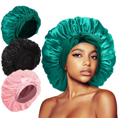 Picture of 3Pcs Bonnet Silk Bonnet for Sleeping, Extra Large Satin Bonnet for Sleeping Hair Bonnets for Sleeping Black Curly Hair Women Jumbo Bonnet with Tie Band Braids Shower Cap