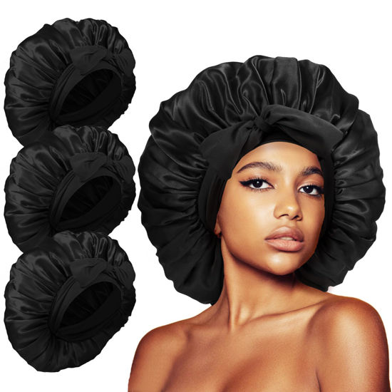 Picture of 3Pcs Silk Bonnet for Sleeping Women, Extra Large Satin Bonnet for Black Curly Women Braids Hair Jumbo Bonnet showercap(Black)