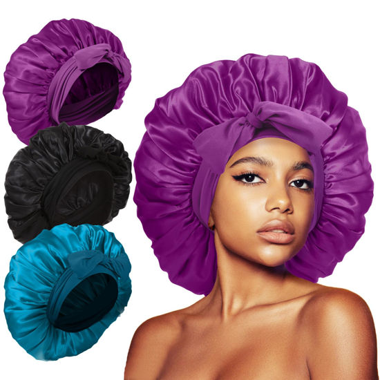 Picture of 3Pcs Bonnet Silk Bonnet for Sleeping, Satin Bonnet for Sleeping Hair Bonnets for Sleeping Black Curly Hair Women Extra Large Jumbo Bonnet with Tie Band Braids (Black+Peacock Blue+Purple) shower cap