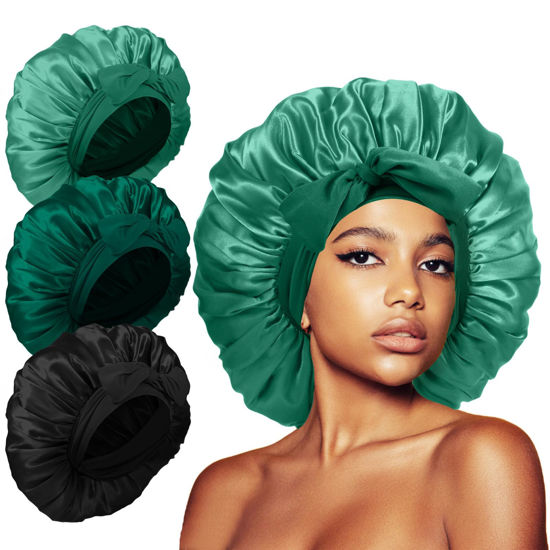 Picture of 3Pcs Satin Silk Bonnet for Sleeping, Braids Hair Bonnets for Sleeping with Tie Band showercap(Black+Light Green+Dark Green)