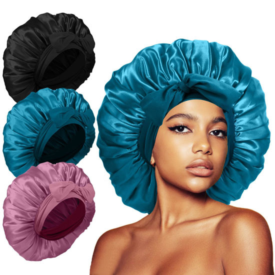 Picture of 3Pcs Satin Bonnet Silk Bonnet for Sleeping, Extra Large Hair Bonnets for Sleeping with Tie Band Braids showercap